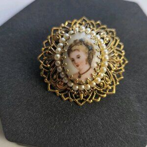 Vintage Porcelain Portrait Faux Seed Pearl Filigree Brooch Pin Pendant Limoges